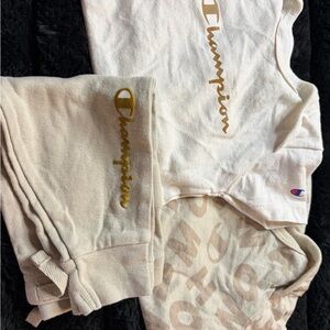 Champion Cream Logo Tshirt Onesies & Sweatpants Set